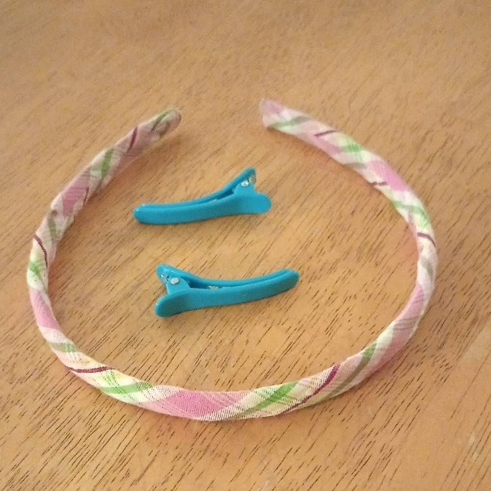 Pink and Green Plaid Headband with Blue Hair Clips